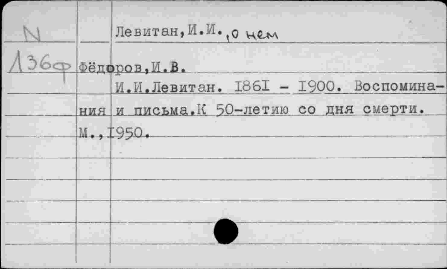 ﻿Г		■ч
2'2 ..		Левитан, И.И. <0
2122	* * ЧТ •	щов_,1кВ.	_ _
		И.И.Левитан. 1861 - 1900. Воспомина-
	НИЯ	и письма.К 50-летию со дня смерти.
	М, . ’	'950.	_	. __
		
		
		
		
		
		